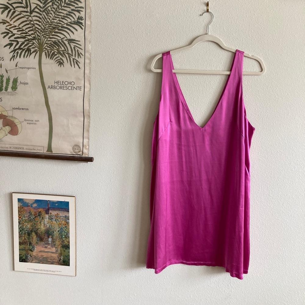 Free People Hot Pink Silky V Neck Mini Dress